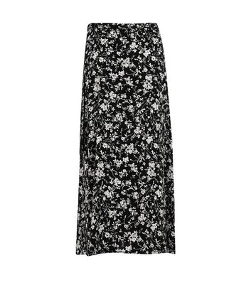 Image of Black Floral Wrap Midi Skirt New Look