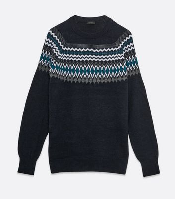 Image of Navy Zig Zag Crew Neck Jumper New Look