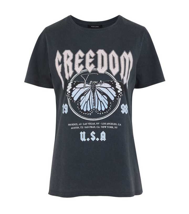 Grey Acid Wash Butterfly Slogan T-Shirt