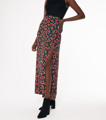 Black Floral Split Hem Maxi Skirt | New 