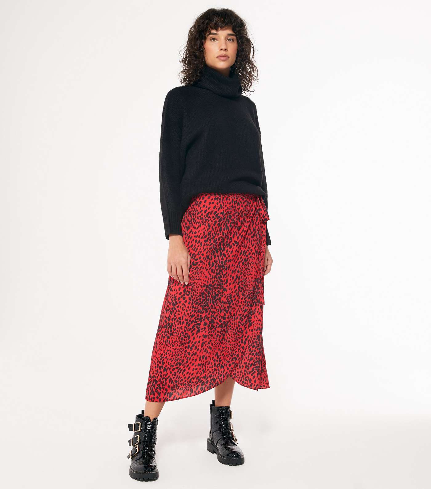 Red Leopard Print Wrap Midi Skirt