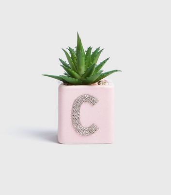 Image of Pale Pink Diamanté C Initial Planter New Look