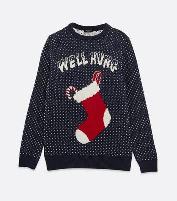 Image of Navy Spot Well Hung Slogan Christmas Jumper New Look