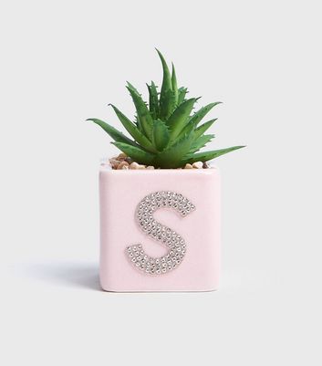 Image of Pale Pink Diamanté S Initial Planter New Look
