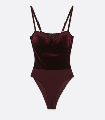 Burgundy Spot Mesh Velvet Bodysuit New Look