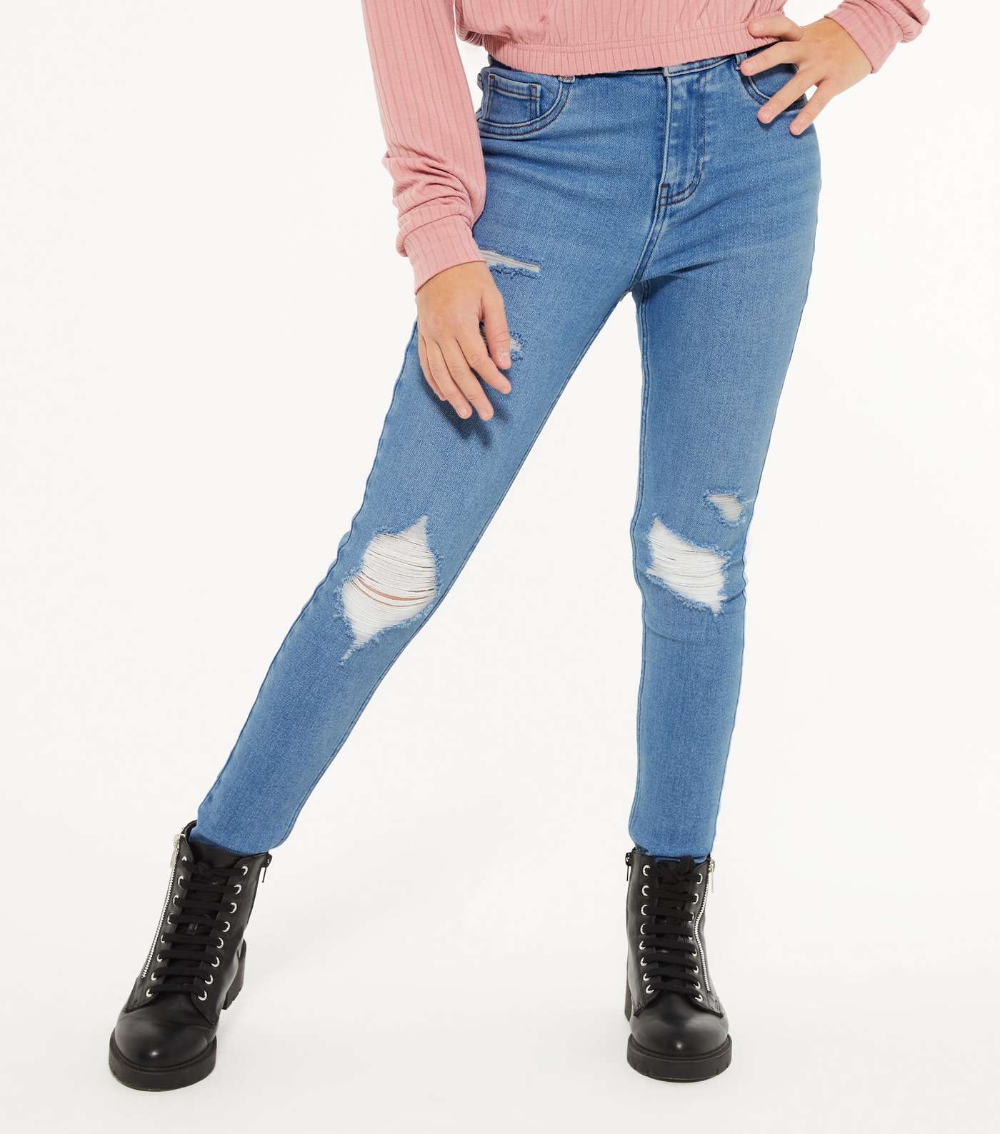 Girls Blue Mid Wash Ripped Hallie Super Skinny Jeans  Image 2
