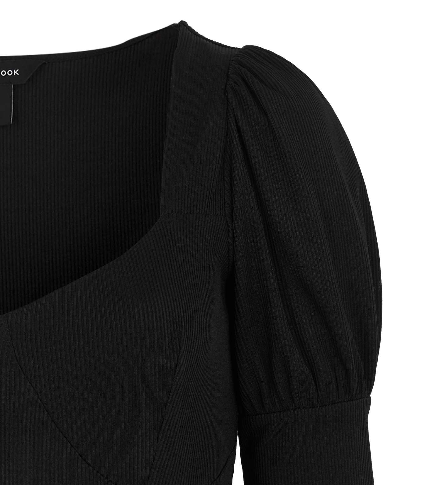 Black Ribbed Puff Shoulder Bodysuit Image 3
