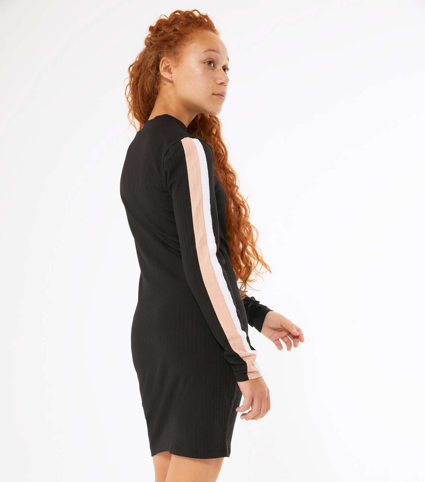 Girls Black Ribbed Long Stripe Sleeve Dress Image 3