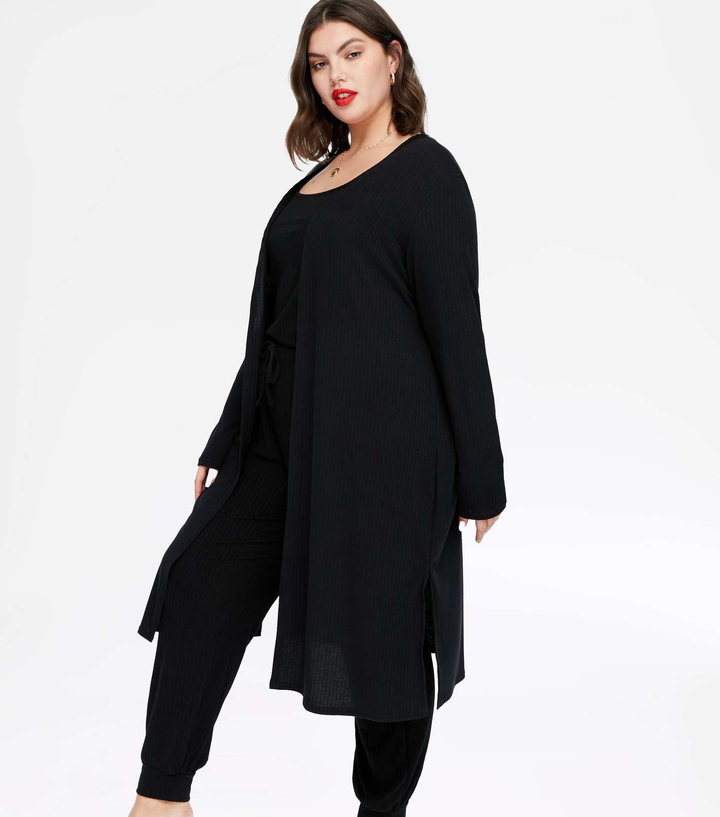 Curves Black Ribbed Jersey Lounge Robe