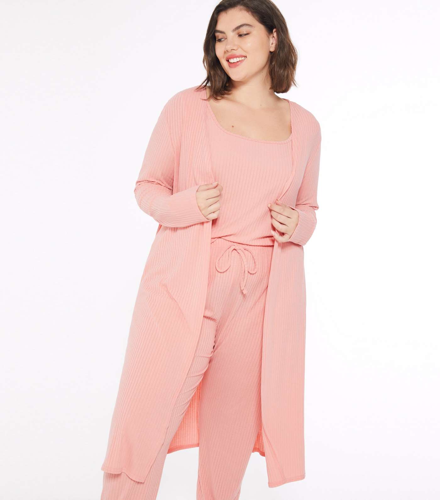 Curves Pink Ribbed Jersey Lounge Robe