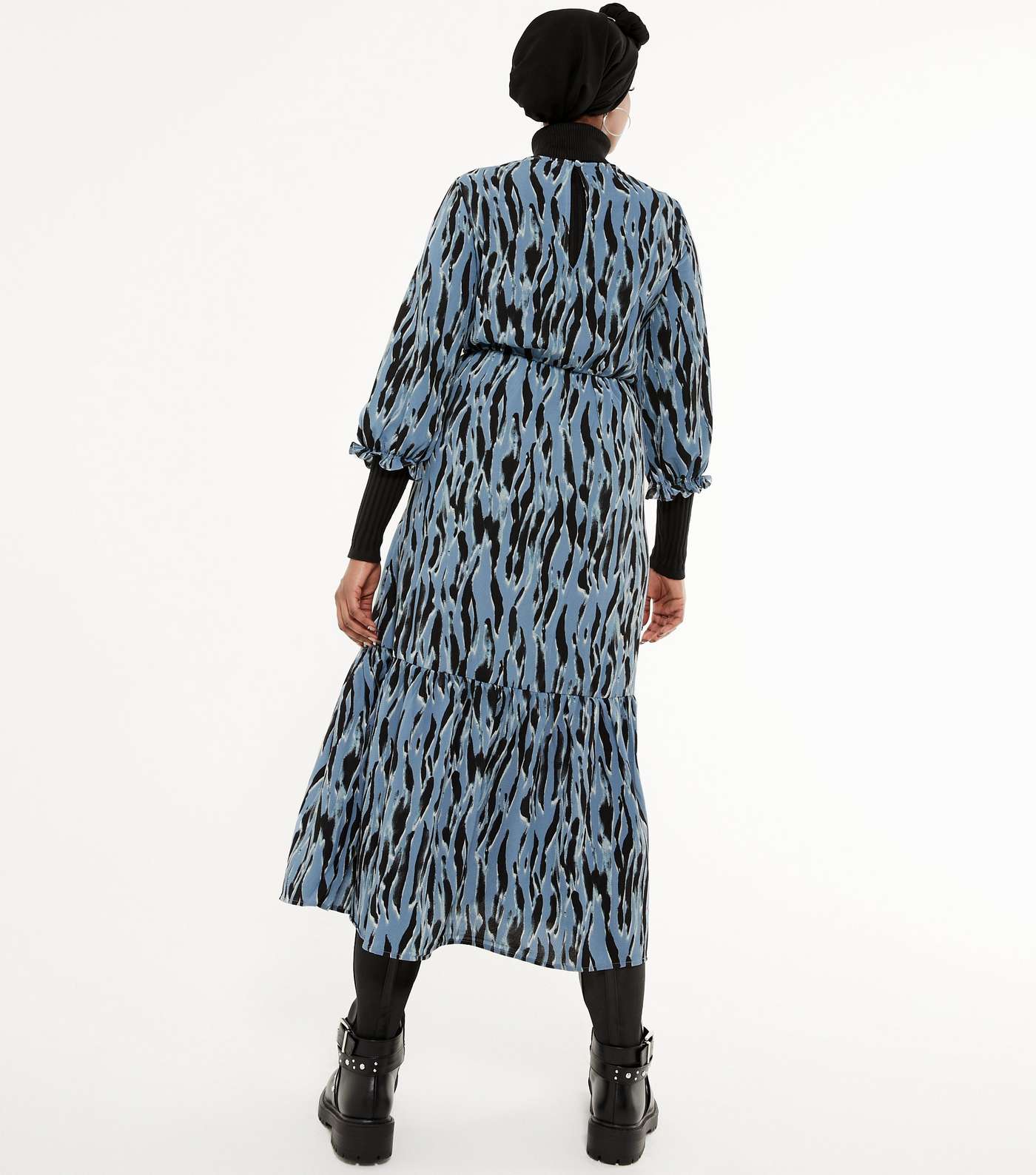 Blue Zebra Print Tiered Midi Dress Image 3