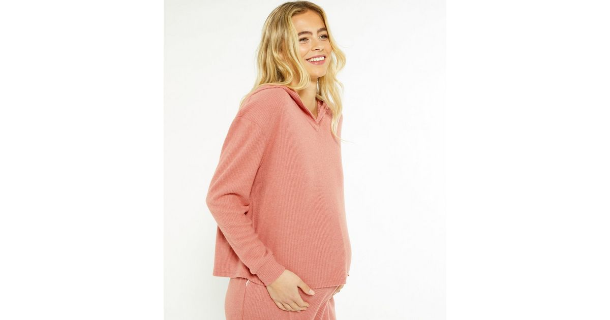 Maternity Pink Ribbed Jersey Lounge Hoodie New Look