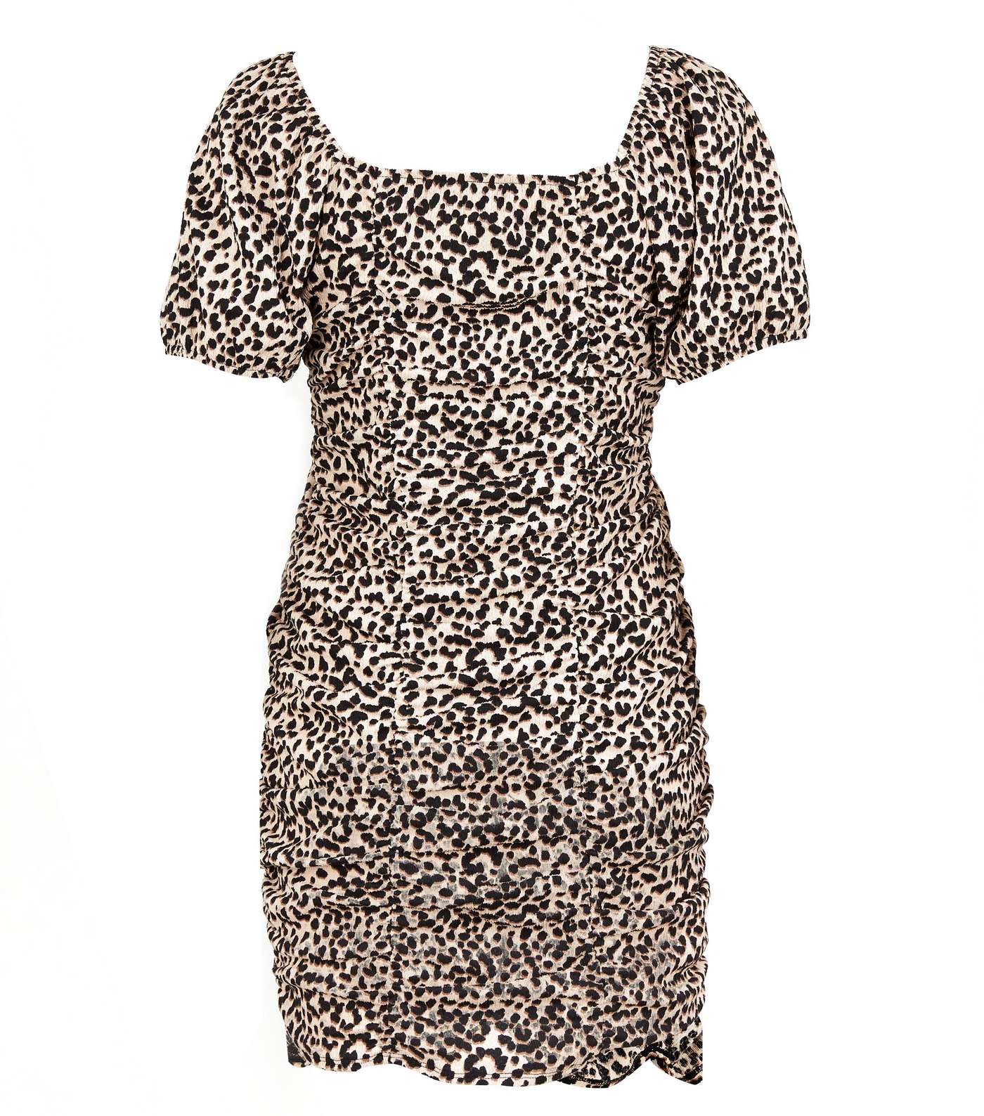 Black Leopard Print Puff Sleeve Ruched Mini Dress Image 2
