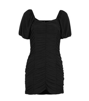 Image of Black Ruched Puff Sleeve Mini Dress New Look