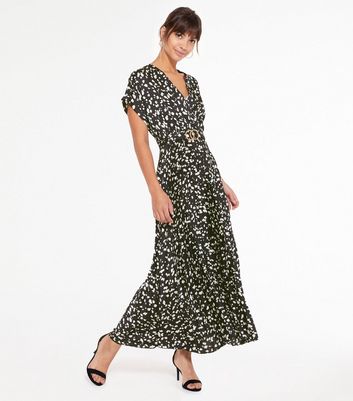 Image of Black Pleated Satin Spot Belted Midi Dress New Look