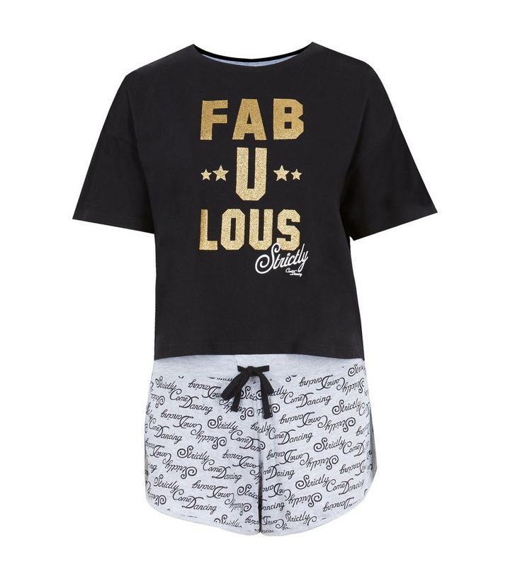 Black Fabulous Strictly Slogan Short Pyjama Set New Look
