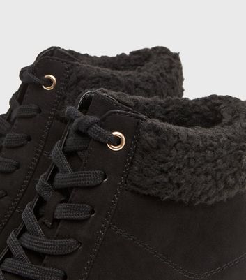 black faux fleece cuff wedge heel trainers