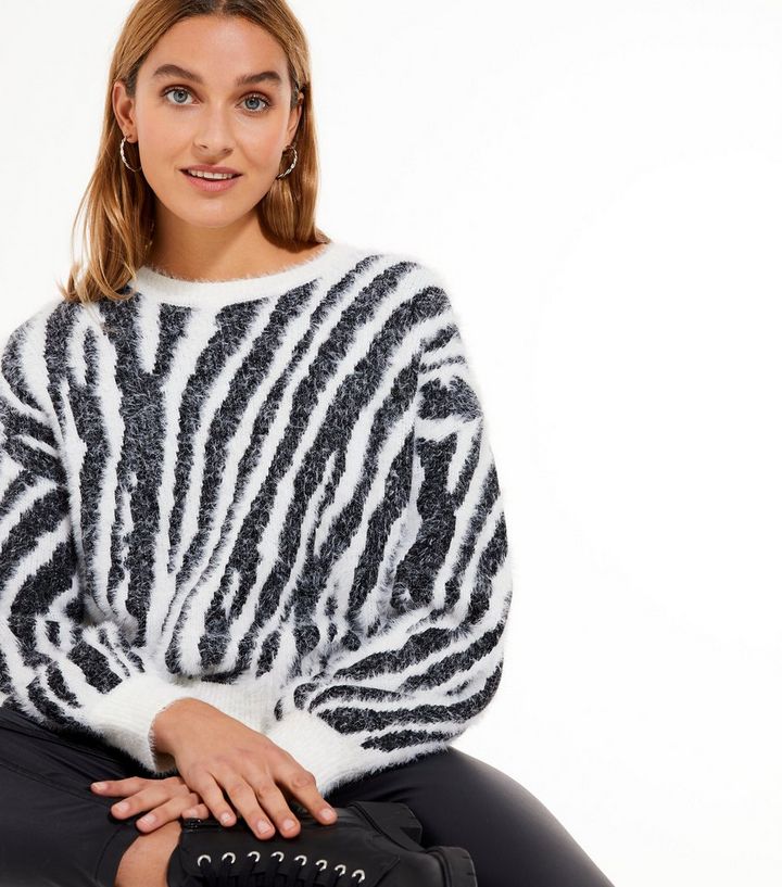 Black Zebra Print Fluffy Knit Jumper New Look