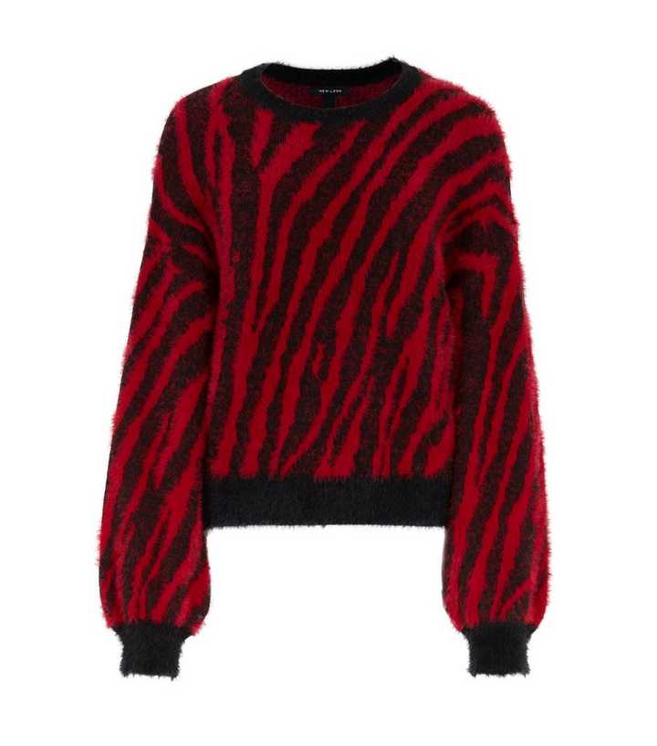 Red Zebra Print Fluffy Knit Jumper | New Look