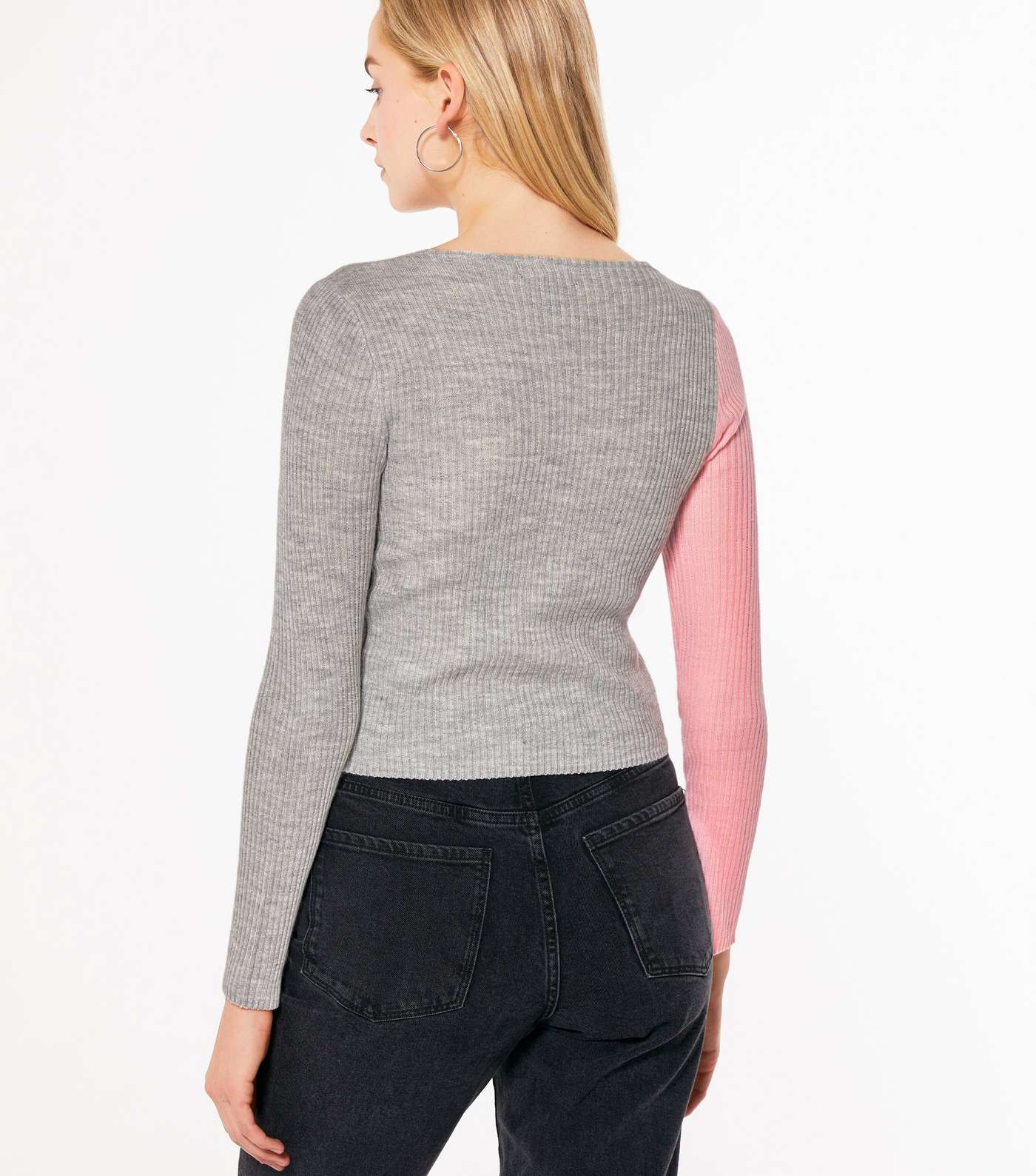 Light Grey and Pink Spliced Colour Block Cardigan Image 4