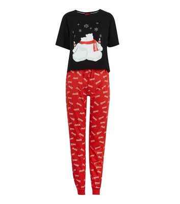 Black Polar Bear Coca Cola Christmas Jogger Pyjama Set New Look