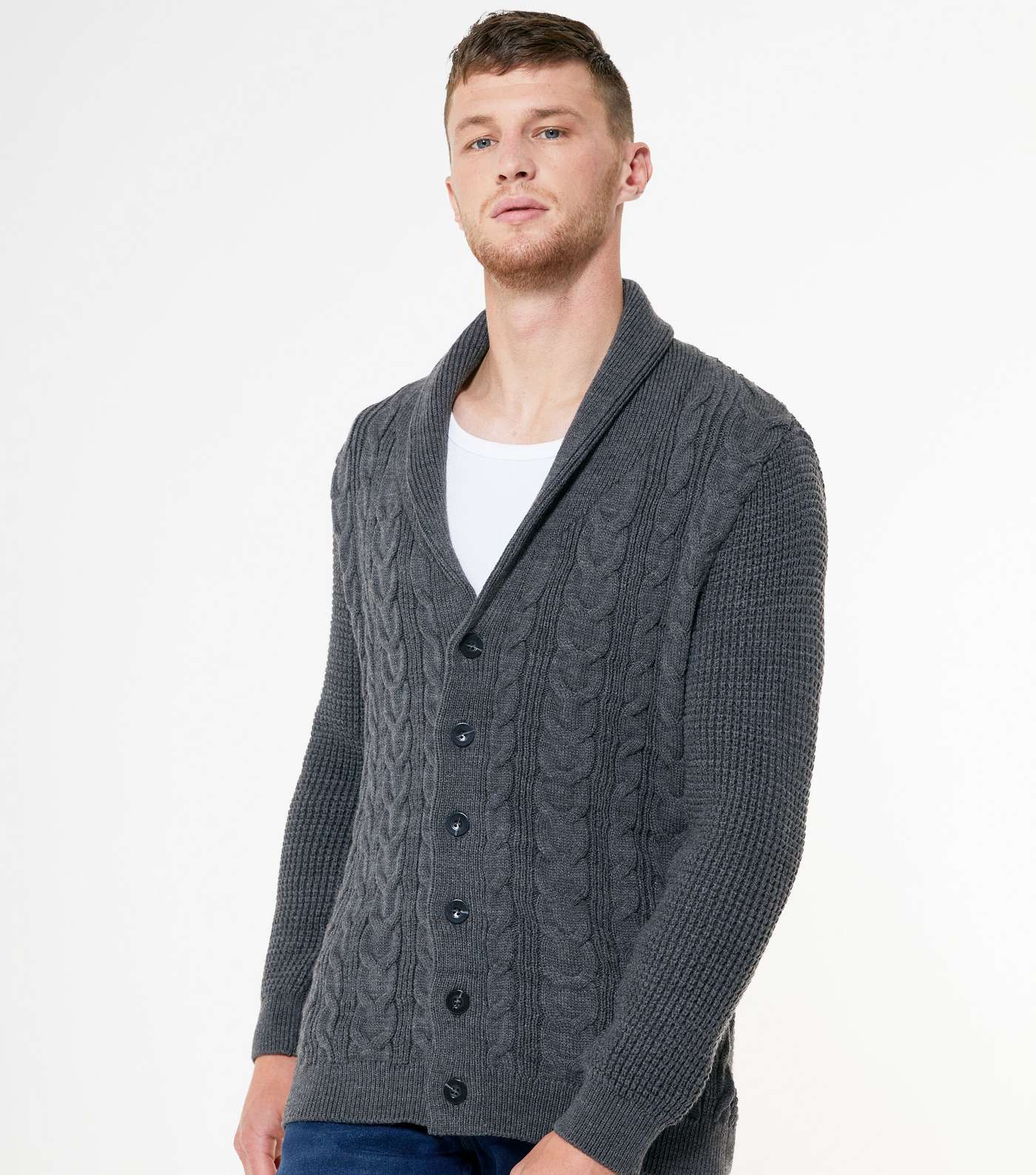 Dark Grey Cable Knit Button Cardigan