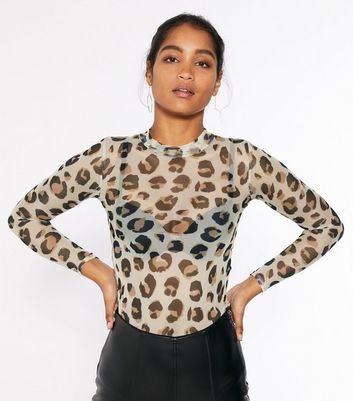 Brown Leopard Print Mesh High Neck Top New Look