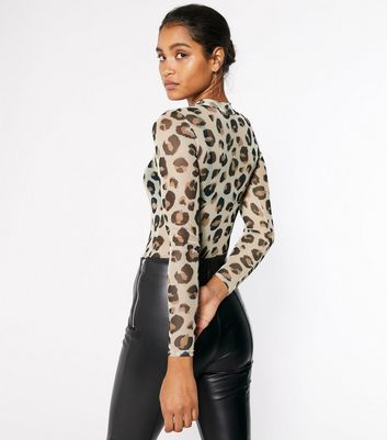 Brown Leopard Print Mesh High Neck Top 