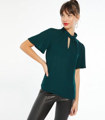 Dark Green Twist Front High Neck Blouse 