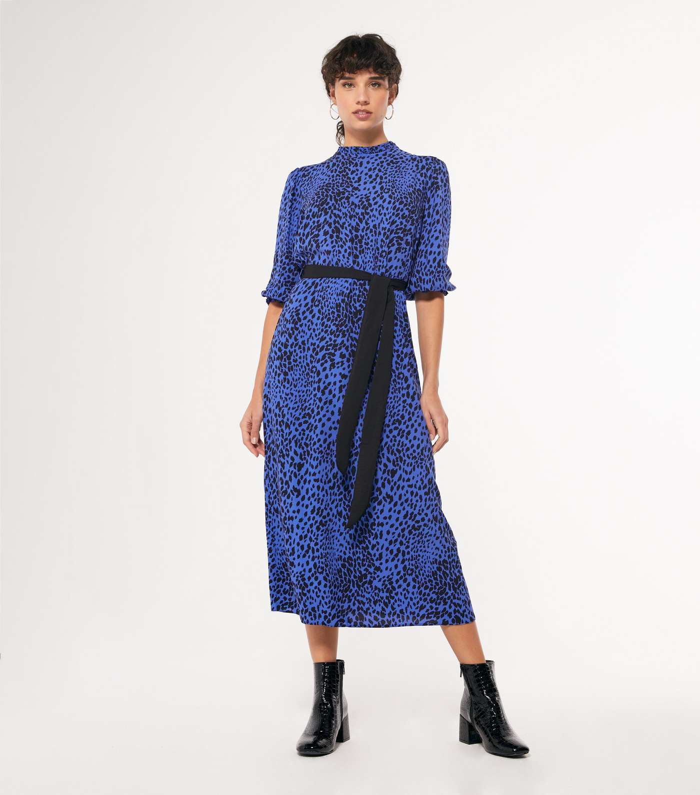 Blue Leopard Print Puff Sleeve Belted Midi Dress