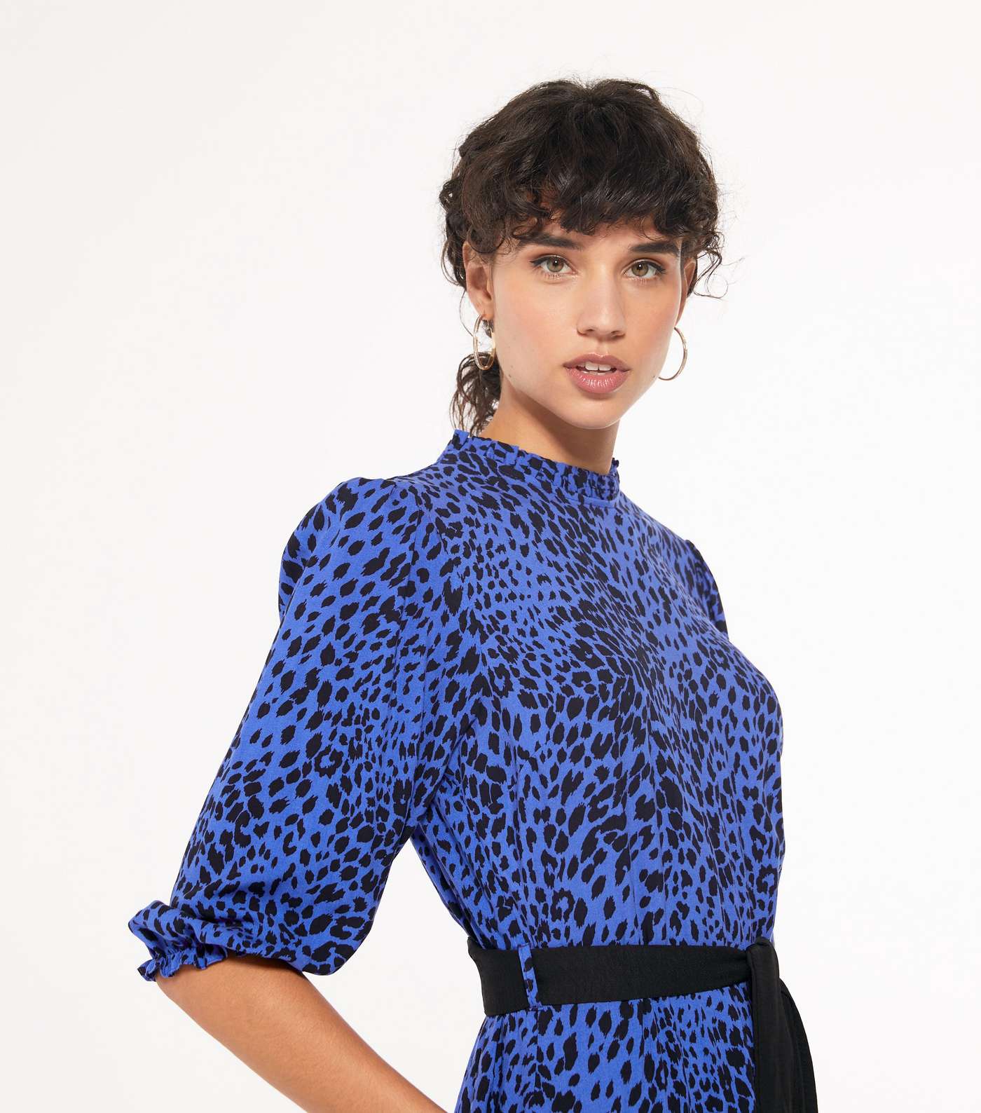 Blue Leopard Print Puff Sleeve Belted Midi Dress Image 3