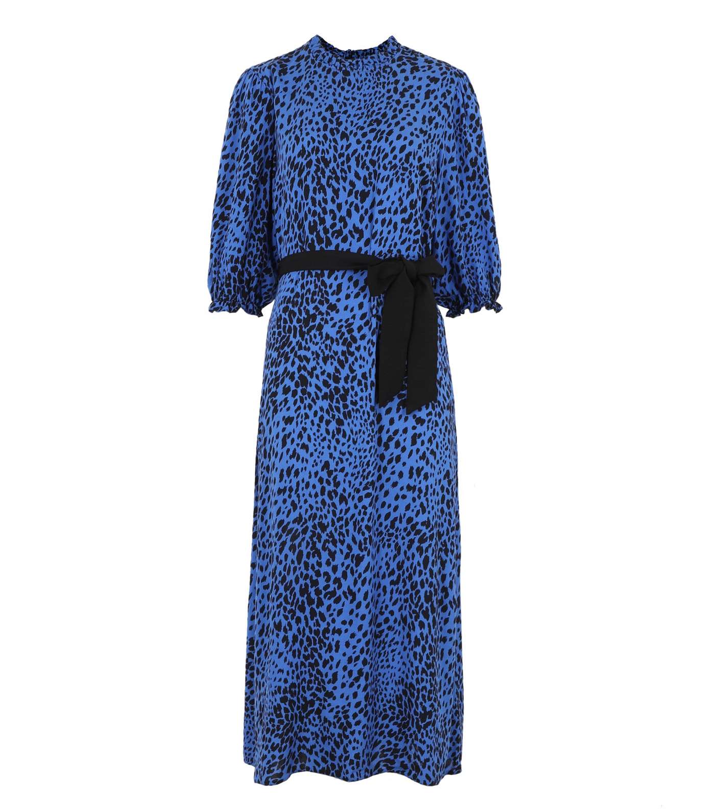 Blue Leopard Print Puff Sleeve Belted Midi Dress Image 5
