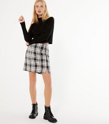 Black Check Split Front Mini Skirt