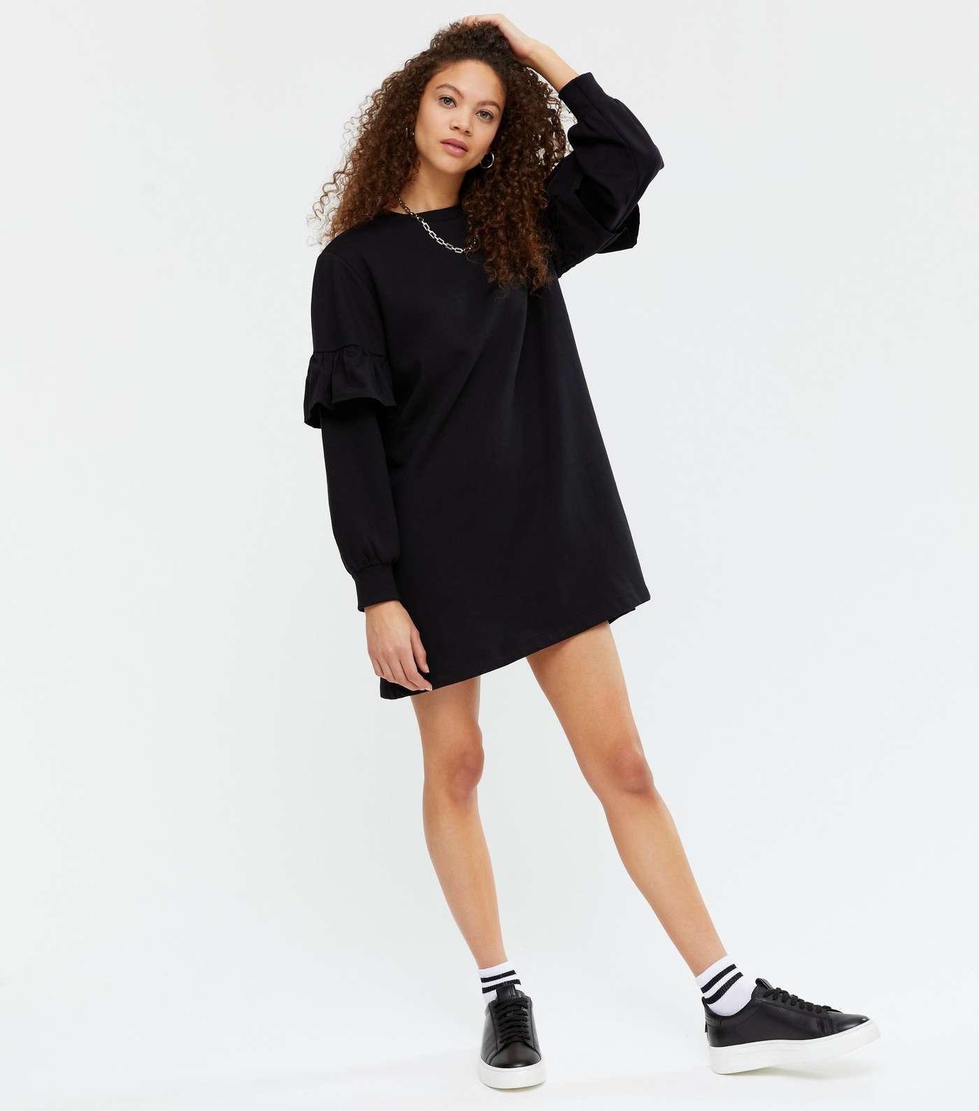 Petite Black Frill Trim Sweatshirt Dress Image 2