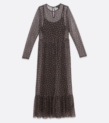 Image of Black Floral Mesh Long Sleeve Midi Dress New Look