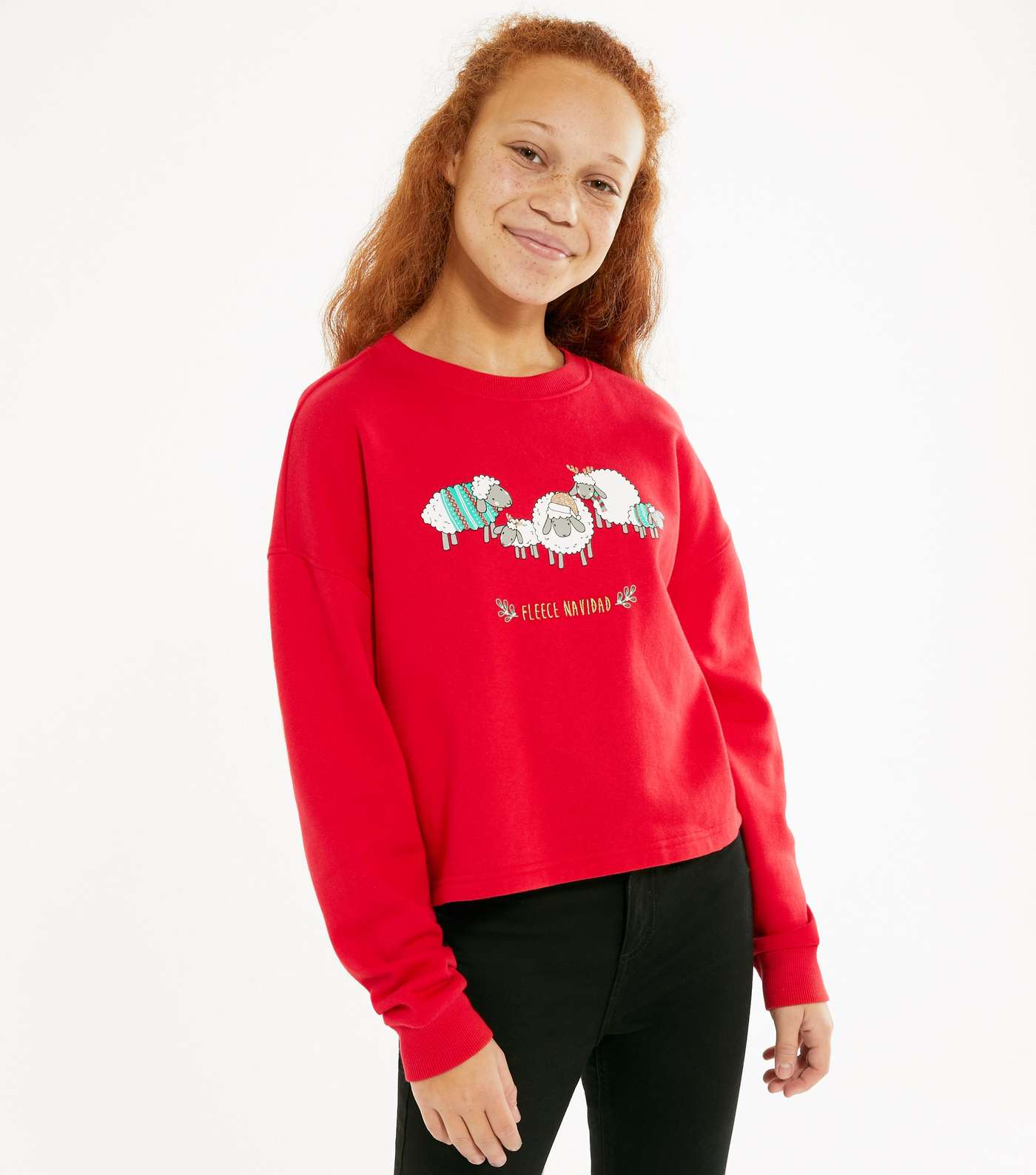 Girls Red Sheep Fleece Navidad Slogan Christmas Sweatshirt