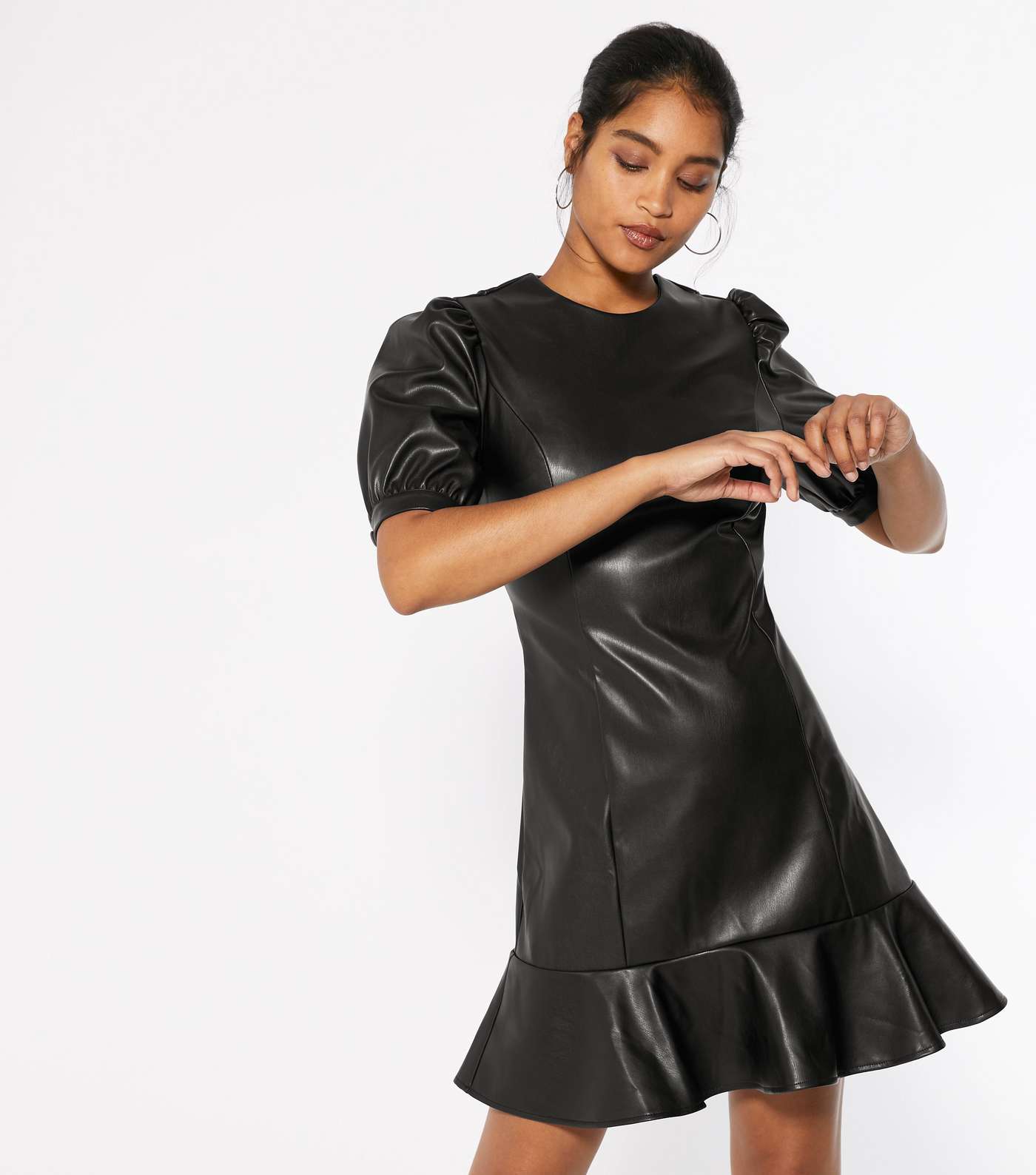 Black Leather-Look Ruffle Hem Mini Dress Image 2