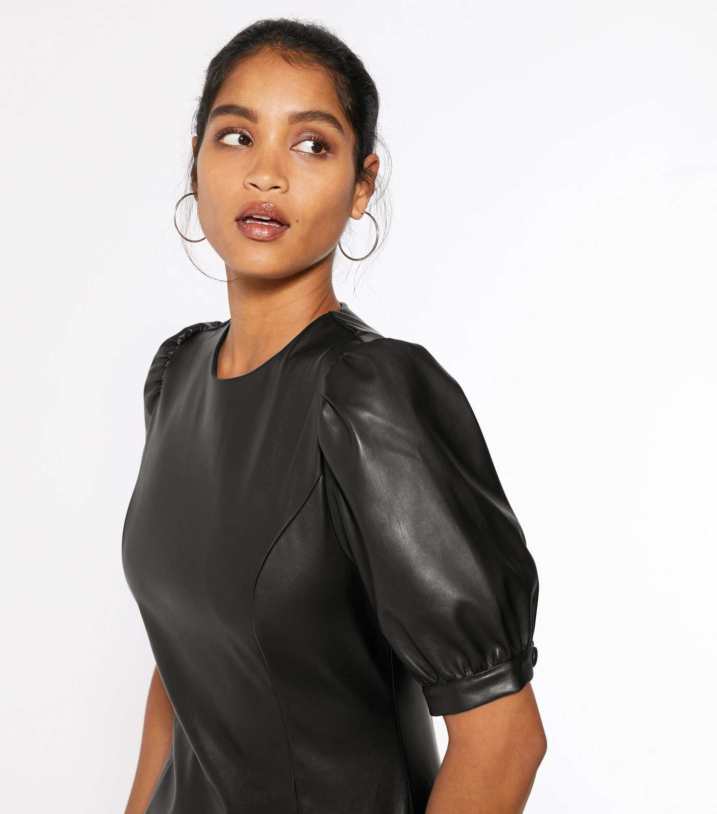 Black Leather-Look Ruffle Hem Mini Dress Image 4