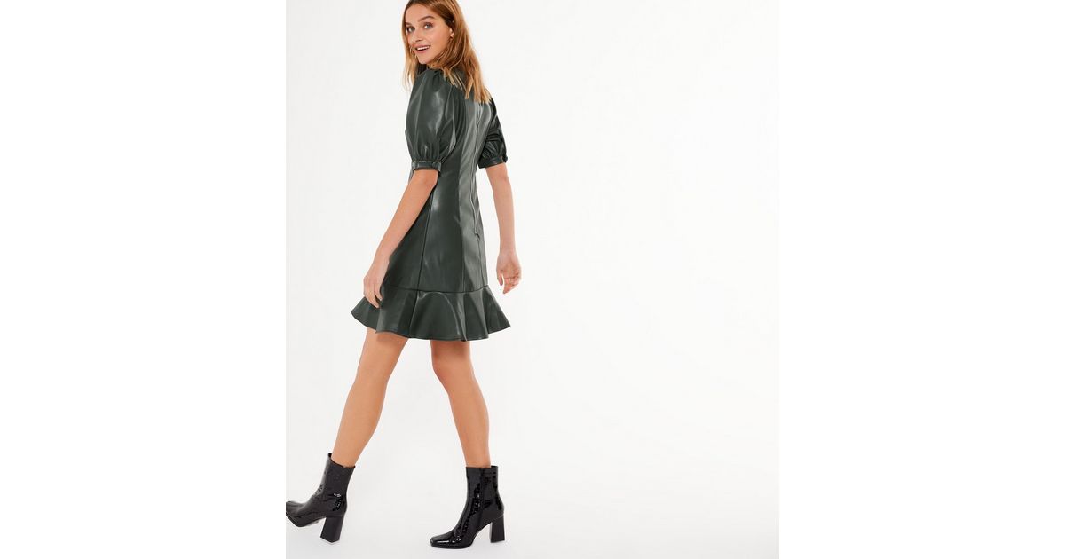 Dark Green Leather-Look Ruffle Hem Mini Dress | New Look