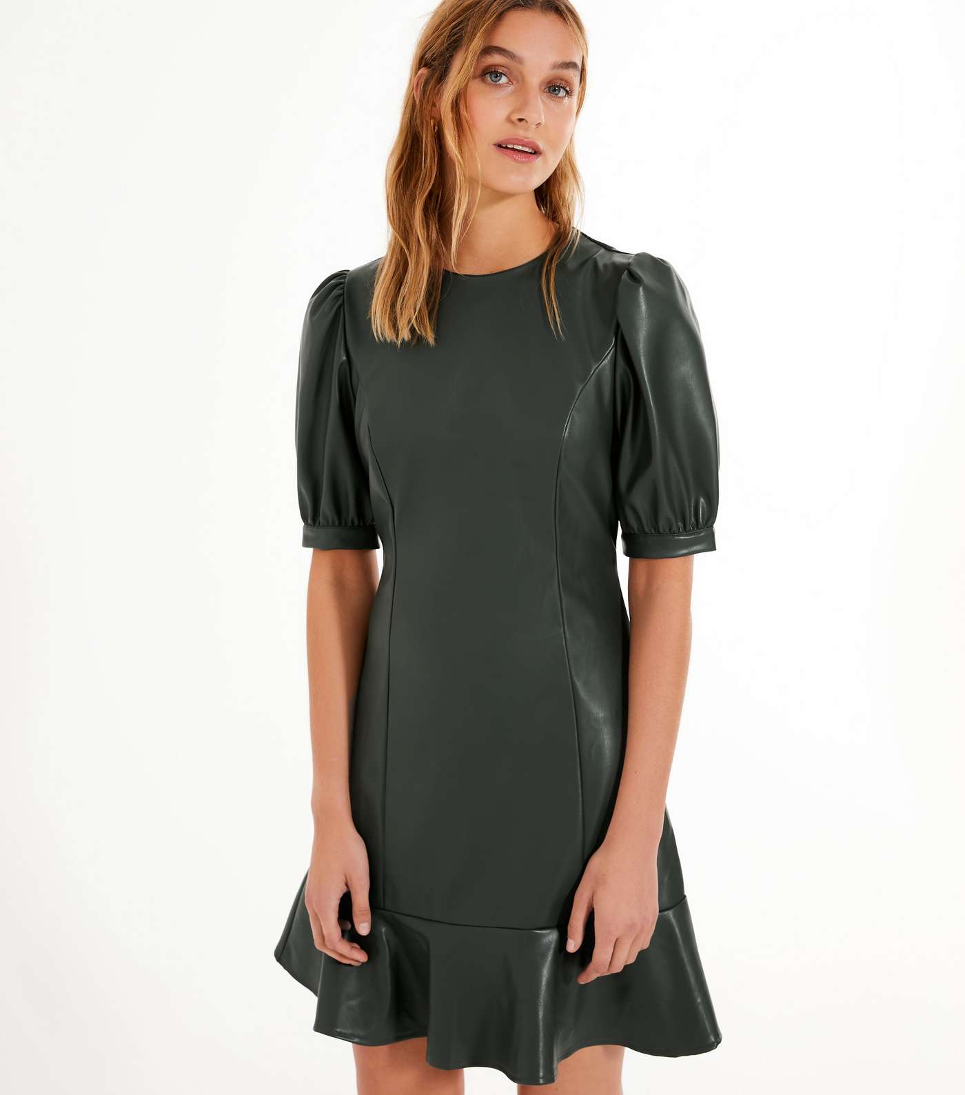 Dark Green Leather-Look Ruffle Hem Mini Dress Image 2