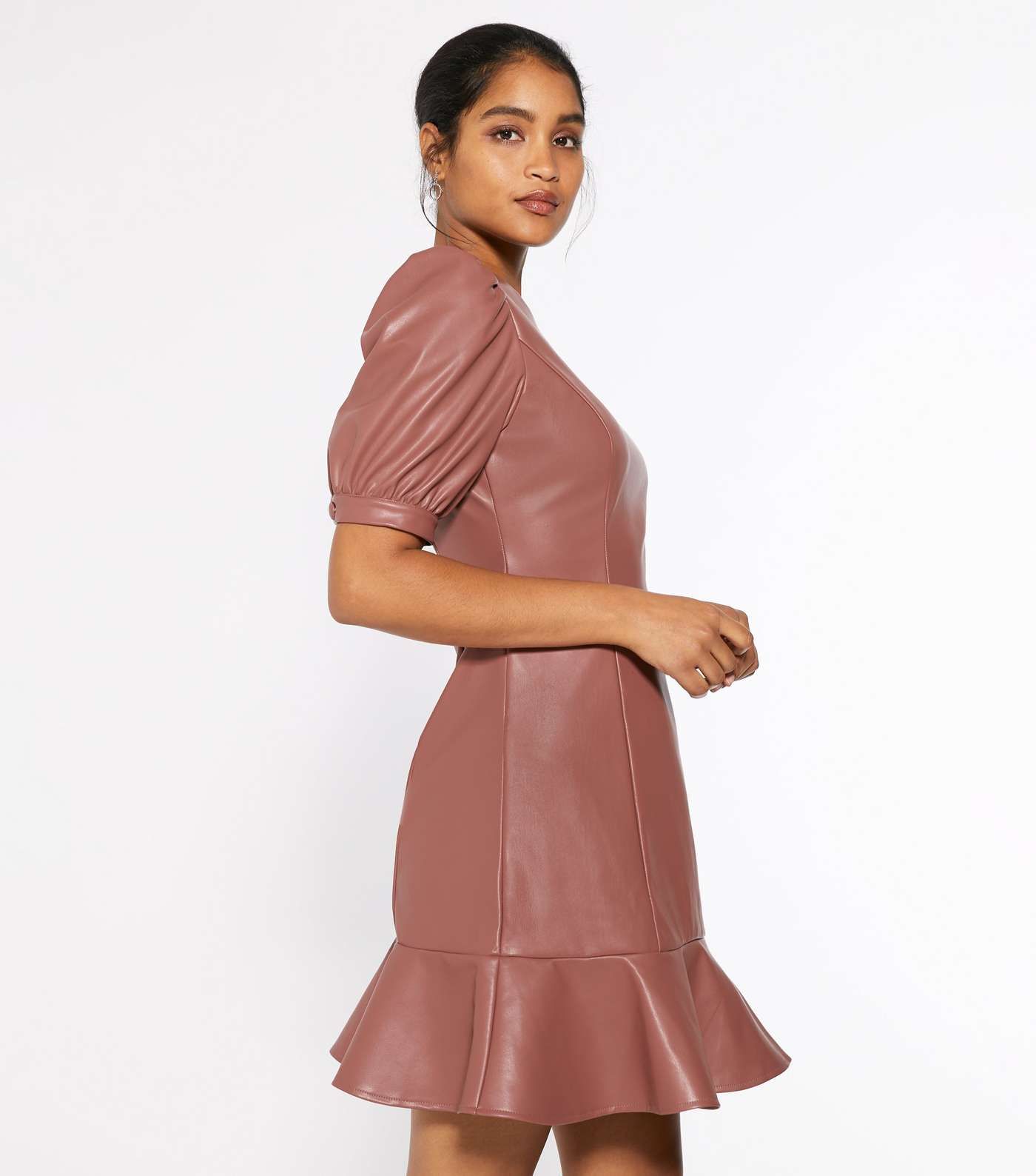 Mid Pink Leather-Look Ruffle Hem Mini Dress Image 2