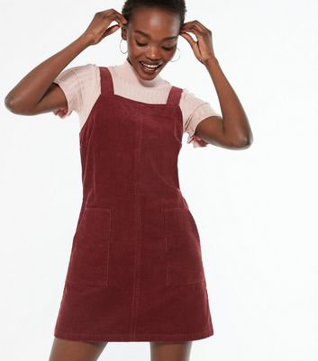 Burgundy Cord Mini Pinafore Dress New Look