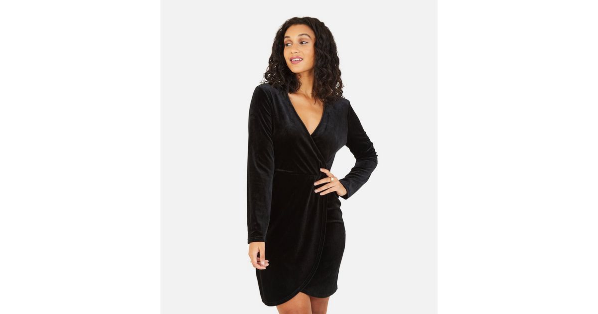 Mela Black Velvet Wrap Mini Dress | New Look