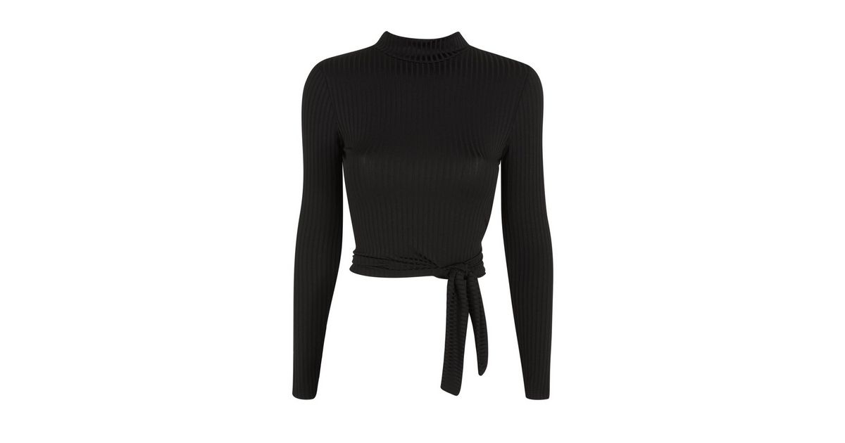 Petite Black Tie Back Ribbed Jersey Top | New Look