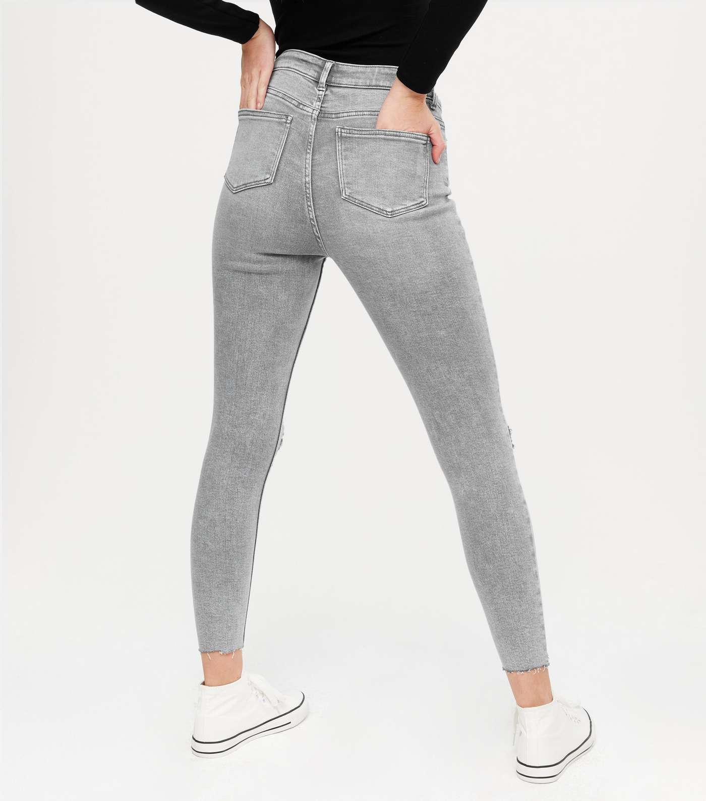 Grey High Waist Ripped Hallie Super Skinny Jeans Image 3