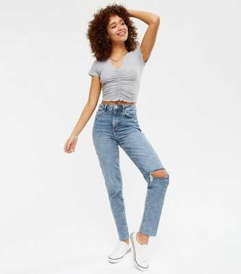 Blue Ripped Knee High Waist Tori Mom Jeans 