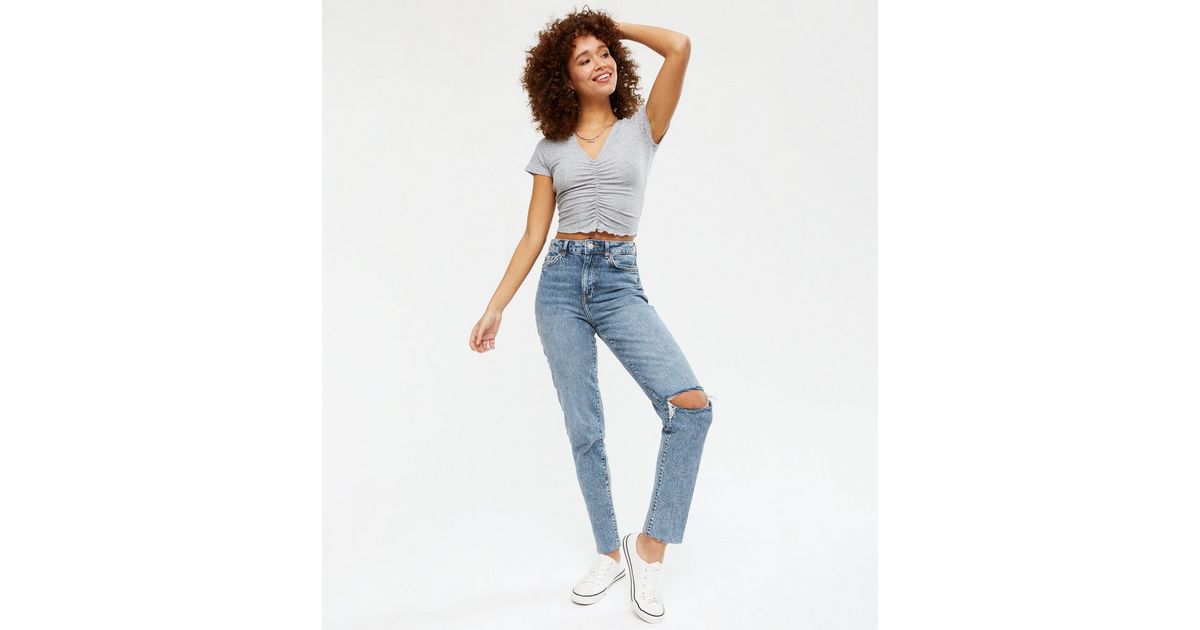 Blue Ripped Knee High Waist Tori Mom Jeans | New Look