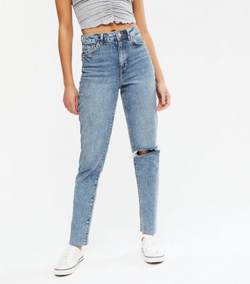 Dr. Denim Nora High Rise Mom Jeans With Ripped Knees in Blue