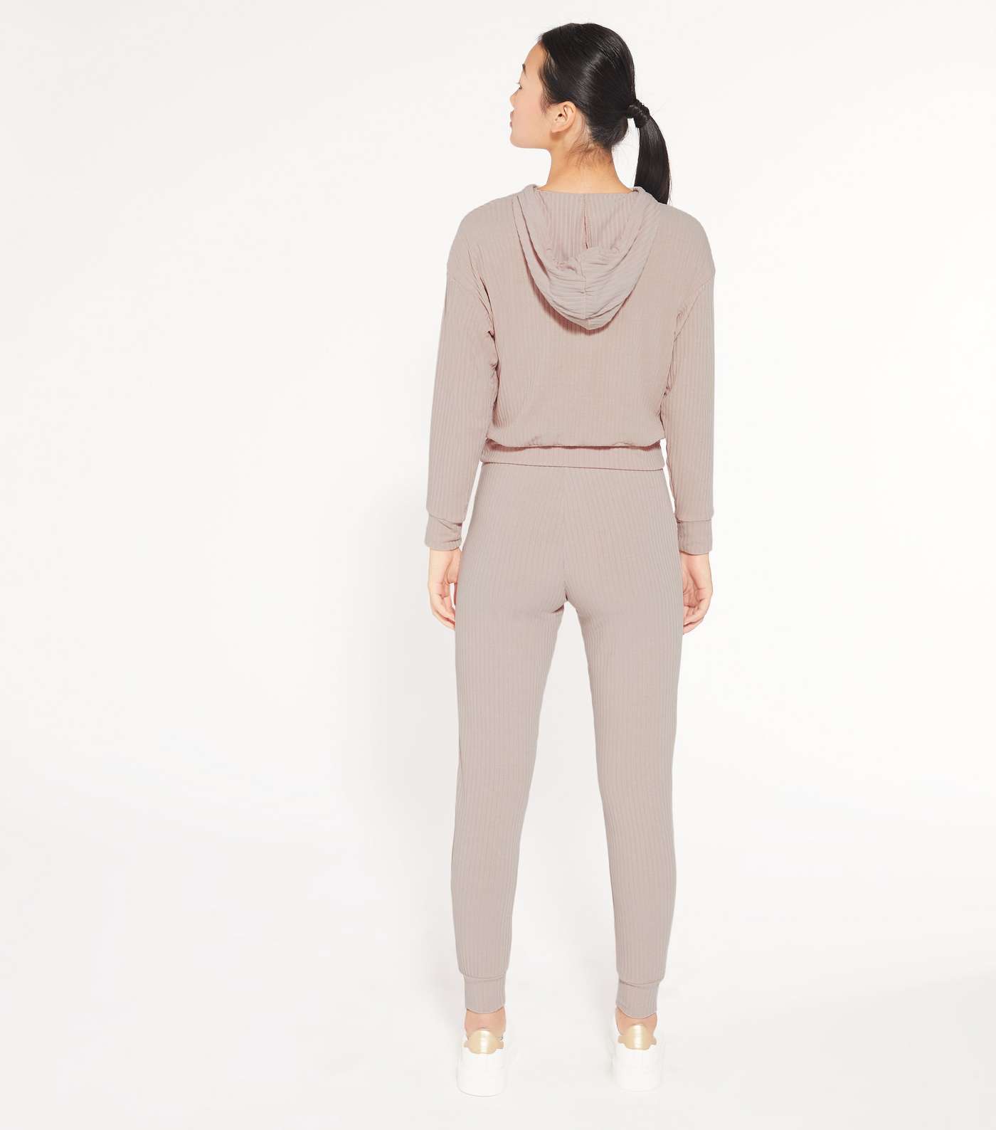 Petite Pale Pink Ribbed Hoodie and Joggers Set Image 2