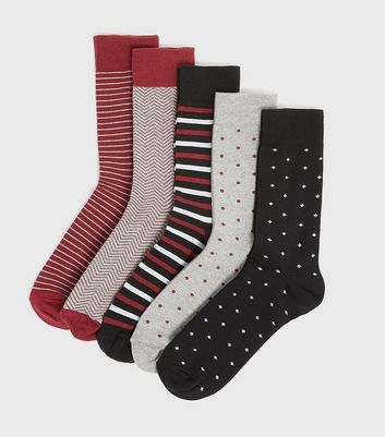 Image of 5 Pack Burgundy and Black Stripe Spot Socks New Look